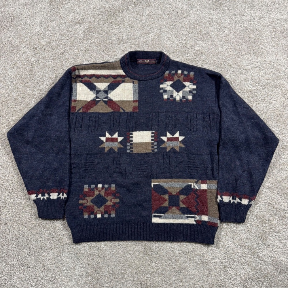 Haggar Casuals Mens Medium Navy Blue Southwestern Wool Blend Sweater Italy